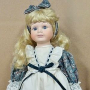 🎁 SALE 17" Vintage Porcelain Doll, Lace Paisley dress, bloomers, 2 Metal Stands